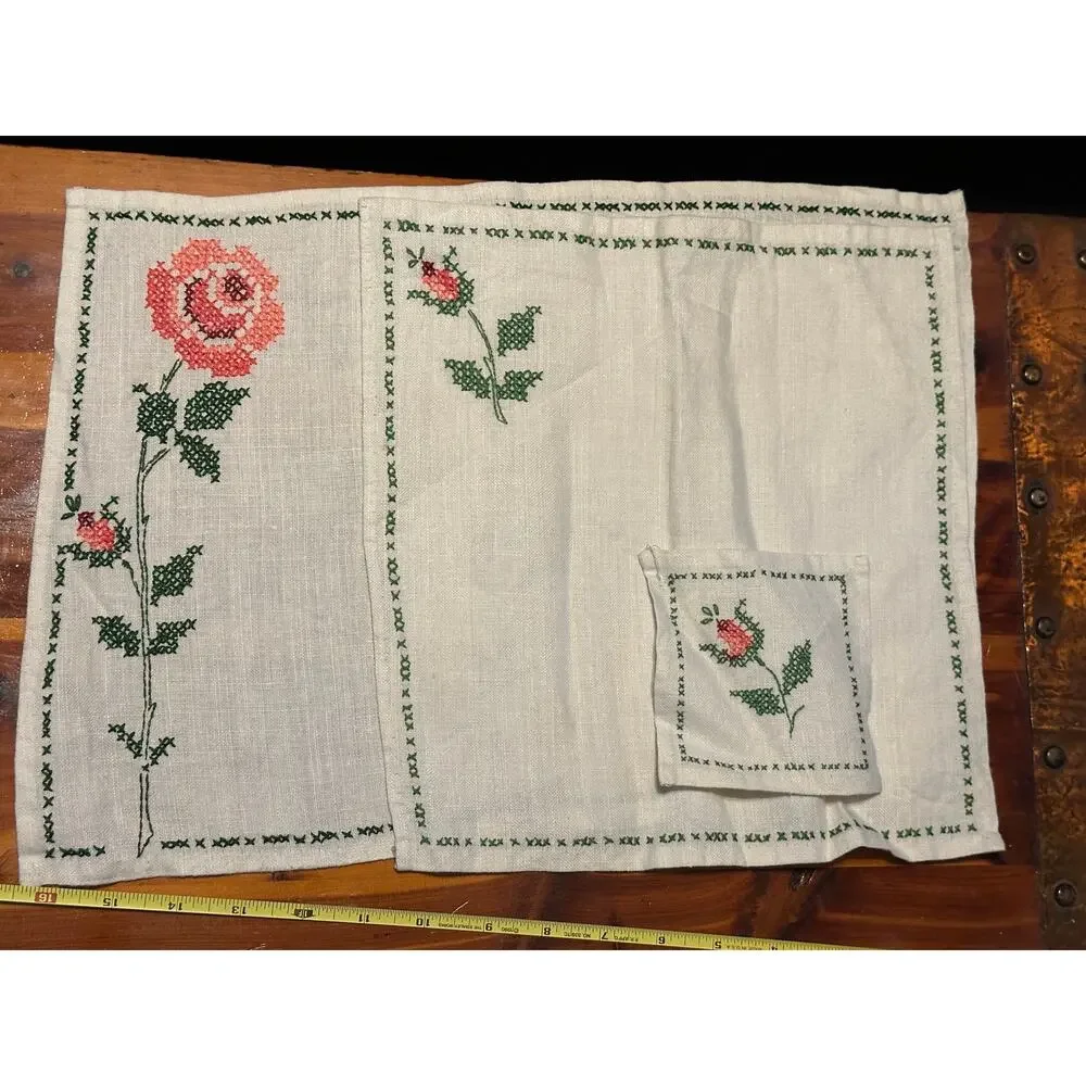 Vintage Rose‎  linen set, placemats,  napkins, coasters, embroidered linen